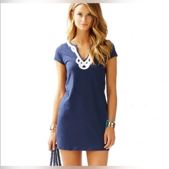 Lilly Pulitzer Women Navy Blue Brewster T-Shirt Mini V Neck Dress Size L - Picture 2 of 8